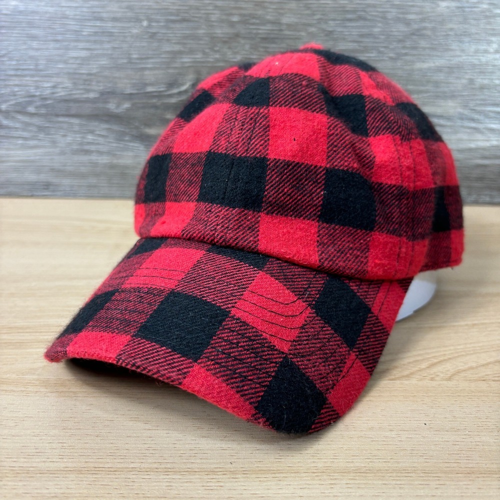 Flannel Hat Cap Strap Back Womens Red Black Plaid Outdoors One Size Adjustable